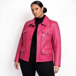Vintage 90s Bradley Bayou Pink Leather Jacket 1X Boxy Hidden Placket